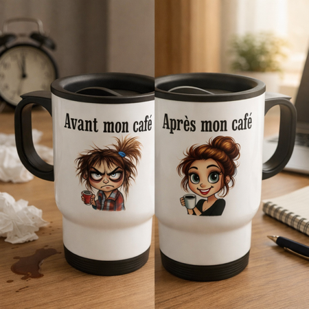 ☕ Mug isotherme « Avant mon café / Après mon café »