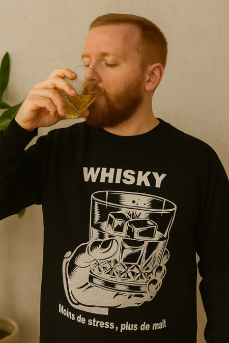 pull homme “Whisky : moins de stress, plus de malt” 