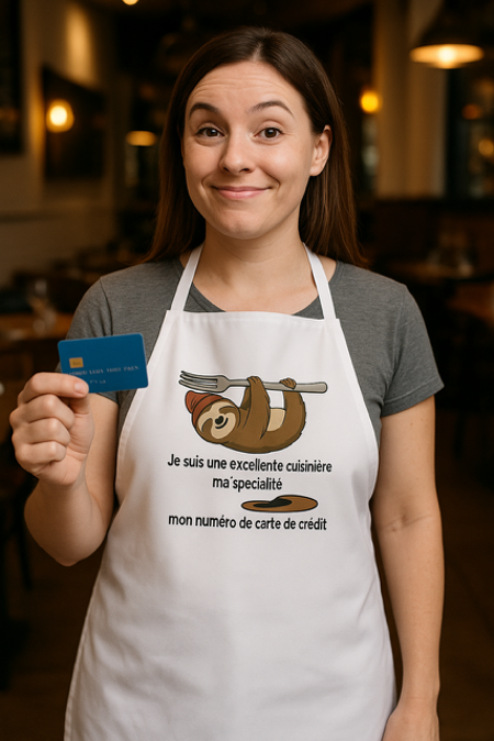 Tablier blanc – “Je suis une excellente cuisinière, ma spécialité : mon numéro de crédit” 